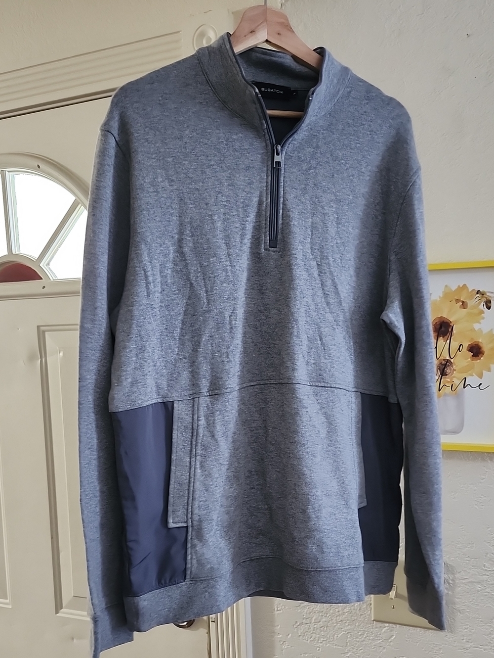 BUGATCHI Men’s Sz L Quarter Zip Pullover Jacket Sweatshirt Grey / Navy Accent